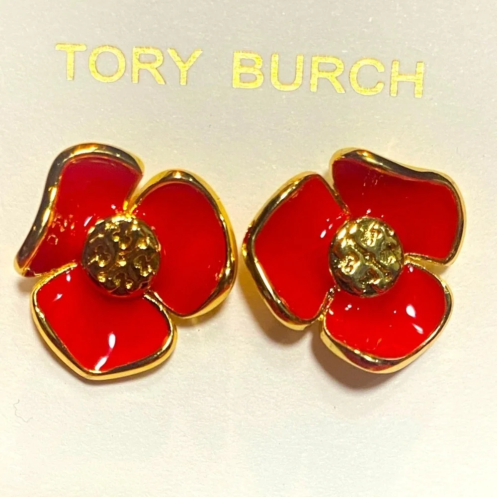 A-1DC-33: TORY BURCH Red Flower w/Gold Trimming Earrings, NWOT